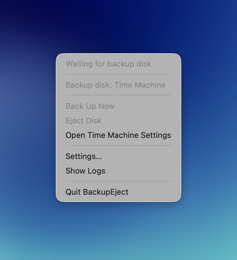 BackupEject menu bar menu with status, Back Up Now and Eject Disk actions