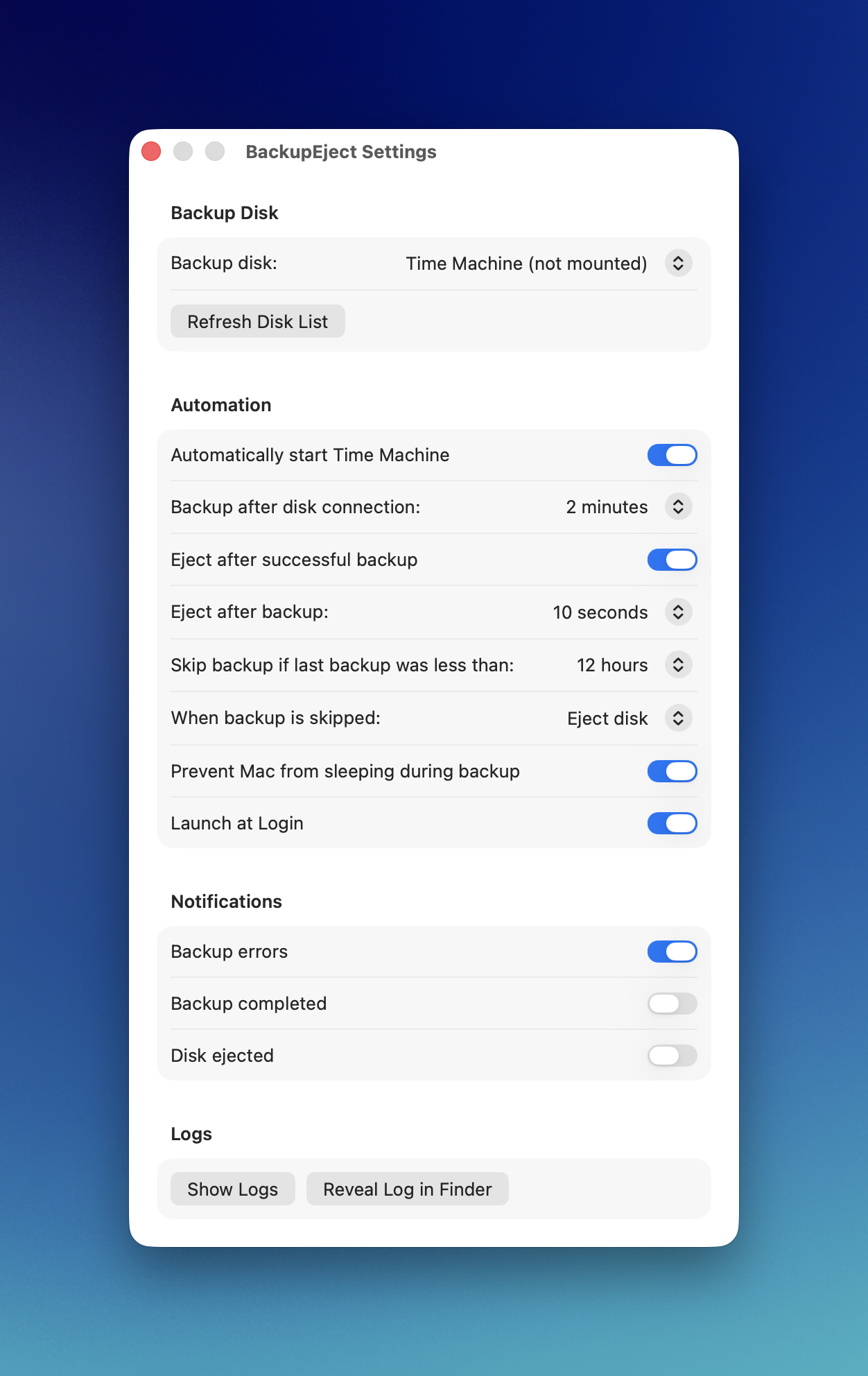 BackupEject settings window: backup disk, delays, skip window, notifications